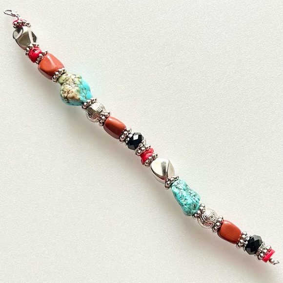 Turquoise and Carnelian Nuggets with Coral Colored Heishi Beads and Black Glass - Picture 5 of 8